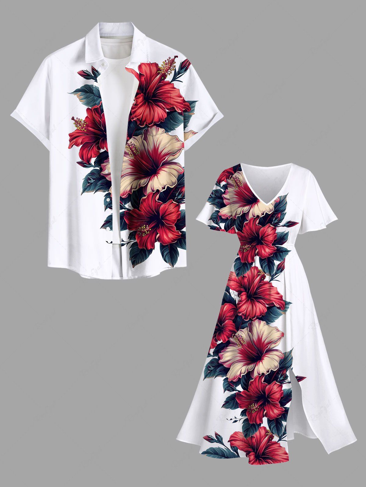 Tenue de Plage pour Couples en Feuilles D'Hibiscus et Fleurs Grande-Taille Blanc 