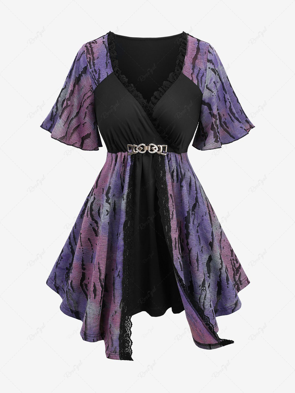 Shop Plus Size Tie Dye Ombre Jacquard Lace Trim Buckle Belted Surplice Top  