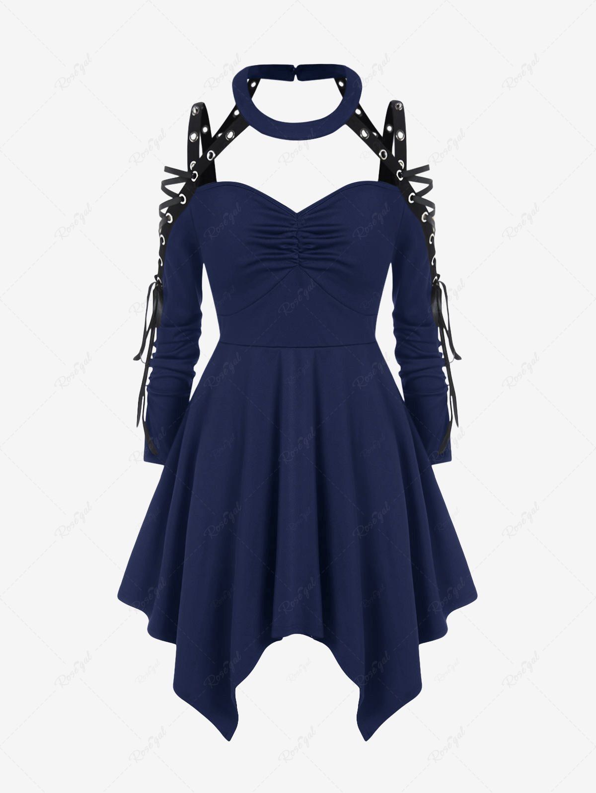 Unique Gothic Choker Lace Up Cutout Handkerchief Dress  