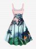 Robe à Bretelle Ligne A Boutonnée Fleurie Tropicale et Arbre de Noix de Coco Imprimés de Grande Taille - Rose clair S