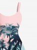 Robe à Bretelle Ligne A Boutonnée Fleurie Tropicale et Arbre de Noix de Coco Imprimés de Grande Taille - Rose clair S