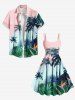 Robe à Bretelle Ligne A Boutonnée Fleurie Tropicale et Arbre de Noix de Coco Imprimés de Grande Taille - Rose clair S