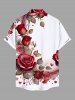Plus Size Rose Flower Leaf Heart Print Valentines Hawaii Button Pocket Shirt For Men -  