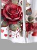 Plus Size Rose Flower Leaf Heart Print Valentines Hawaii Button Pocket Shirt For Men -  
