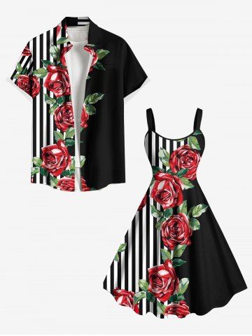 Rose Flower Leaf Striped Print Valentines Plus Size Matching Hawaii Beach Outfit For Couples - BLACK