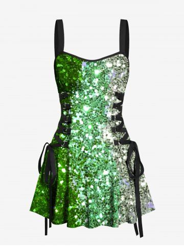 Glitter Sparkling Contrast Two Tone Sequins Print Hawaii St. Patrick's Day Lace Up A Line Tank Dress - GREEN - XS