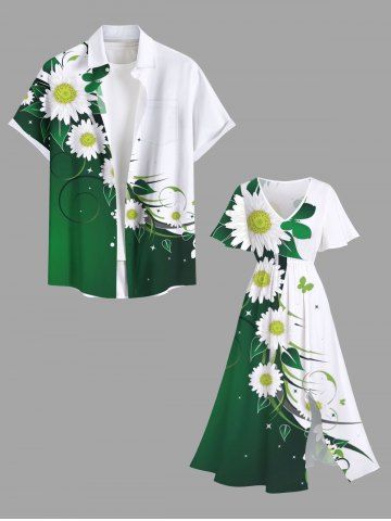 Daisy Flowers Leaf Colorblock Print Plus Size Matching Hawaii Beach Outfit For Couples