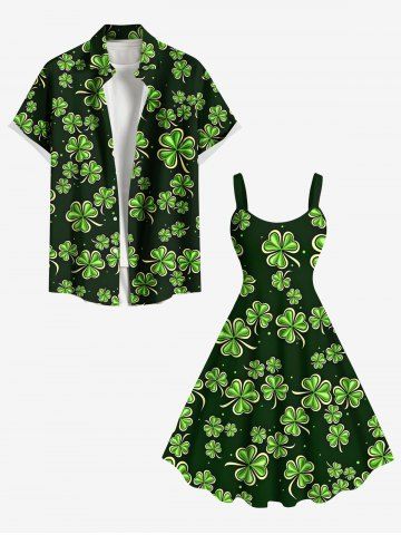 St. Patrick's Day Clover Leaf Print Plus Size Matching Outfit For Couples - BLACK