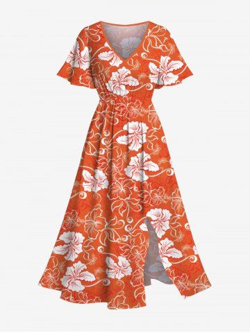 Plus Size Tropical Leaf Hibiscus Flower Print Split Hawaii Midi Dress - ORANGE - 3X