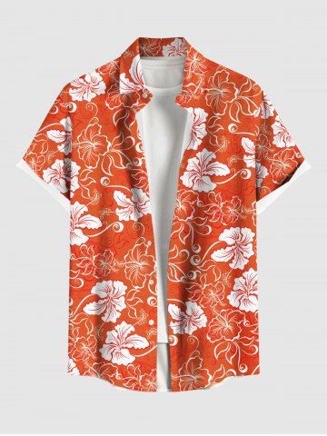 Chemise Décontractée Fleur Feuille D'Hibiscus et Feuille Tropicale Imprimées de Grande Taille avec Poche - ORANGE - 6XL