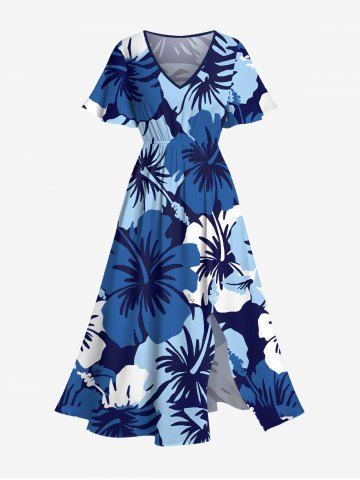 Plus Size Tropical Hibiscus Flower Print Split Hawaii Midi Dress - BLUE - L