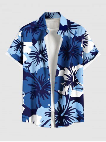 Plus Size Tropical Hibiscus Flower Print Buttons Pocket Hawaii Shirt For Men - BLUE - L