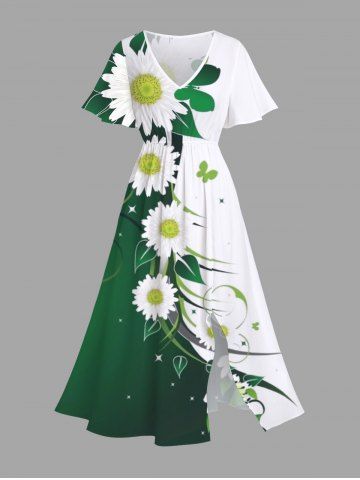 Robe Mi-Longue Hawaïen Fendue Fleur Feuille Marguerite en Blocs de Couleurs de Grande Taille