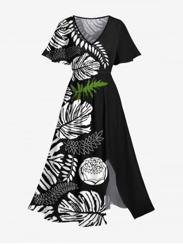 Plus Size Tropical Leave Branch Floral Print Hawaii Split Pocket A Line Midi Dress - BLACK - 5X