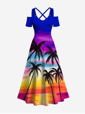 Maxi Robe Hawaïen Ombrée Croisé Ciel Etoilé et Cocotier Imprimés de Grande Taille