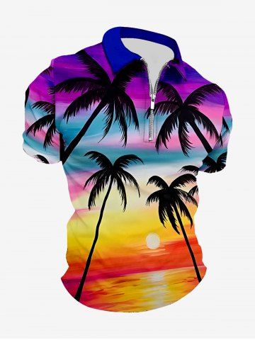 Plus Size Coconut Tree Ombre Sky Sun Print Hawaii Polo Shirt For Men - MULTI-A - S