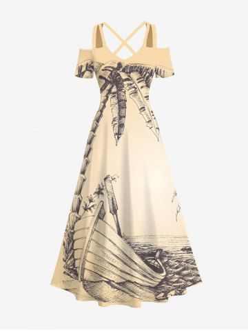 Plus Size Coconut Tree Cloud Boat Seascape Print Cold Shoulder Crisscross Hawaii Maxi Dress