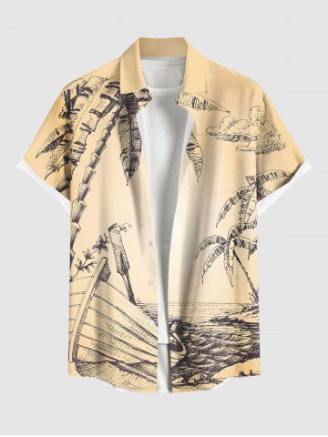 Chemise Imprimé Cocotier et Paysage Marin à Boutons Grande Taille avec Poche