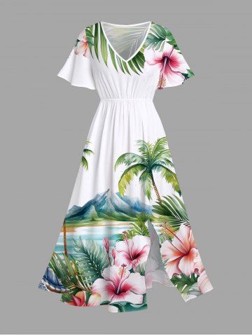Plus Size Coconut Tree Sea Mountain Tropical Leaves Floral Print Hawaii Split Pocket A Line Midi Dress - WHITE - 2X
