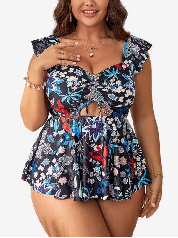 Plus Size Flowers Leaf Print Cinched Hollow Out Tankini Swimsuit - DEEP BLUE - L