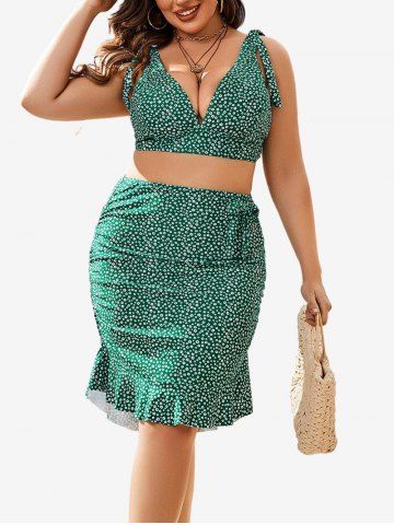 Plus Size Flowers Printed Print 3 Piece Skirted Tankini Swimsuit - GREEN - L