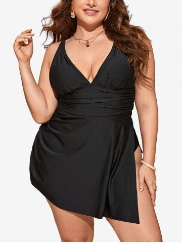 Plus Size Solid Color Split Ruched Tankini Swimsuit - BLACK - 2XL