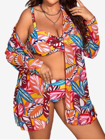 Plus Size Ethnic Floral Print Bikini Set With Cover Top - MULTI-A - L