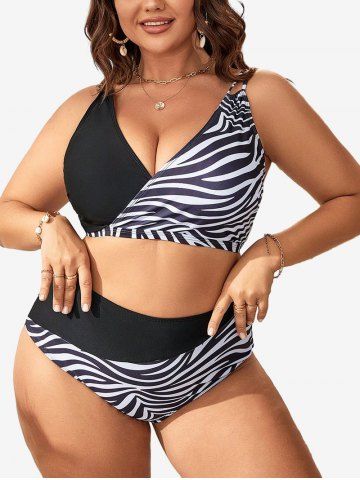 Plus Size Zebra Print High Waisted Tankini Swimsuit(Adjustable Shoulder Strap) - BLACK - L