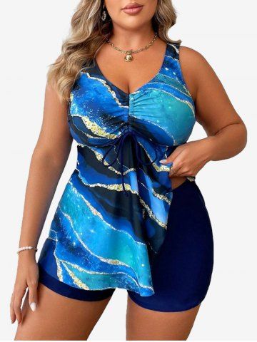 Plus Size Sea Waves Print Cinched Boyshorts Tankini Swimsuit - BLUE - 3XL