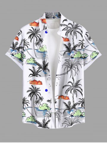 Plus Size Coconut Tree Sea Cloud Print Hawaii Button Pocket Shirt For Men
