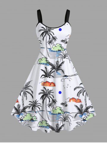 Plus Size Coconut Tree Sea Cloud Print Hawaii A Line Tank Dress
