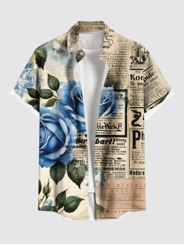 Plus Size Rose Flower Distressed Newspapaer Print Valentines Button Pocket Shirt For Men