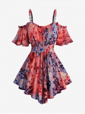 Plus Size Tie Dye Print Flowers Flocking Mesh Ruffles Ruched Twist Cold Shoulder T-shirt - MULTI-F - 4X | US 26-28