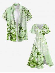 Tenue de plage hawaïenne assortie grande taille à imprimé feuilles et branches courbes pour couples - Vert 