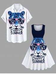 Coconut Tree Letter Tie Dye Tiger Sunglasses Print Plus Size Matching Hawaii Beach Outfit For Couples -  