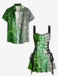 Glitter Sparkling Contrast Two Tone Sequins Print Plus Size Matching Hawaii Beach Outfit For Couples -  