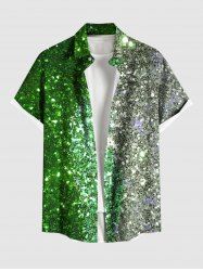 Plus Size Glitter Sparkling Contrast Two Tone Sequins Print Hawaii St. Patrick's Day Button Pocket Shirt For Men -  