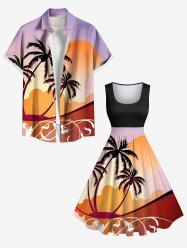 Coconut Tree Floral Sun Print Plus Size Matching Hawaii Beach Outfit For Couples -  