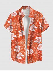 Chemise Décontractée Fleur Feuille D'Hibiscus et Feuille Tropicale Imprimées de Grande Taille avec Poche - Orange 4XL