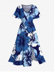 Plus Size Tropical Hibiscus Flower Print Split Hawaii Midi Dress -  