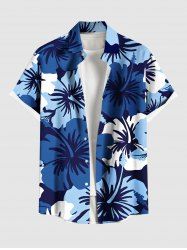 Plus Size Tropical Hibiscus Flower Print Buttons Pocket Hawaii Shirt For Men -  