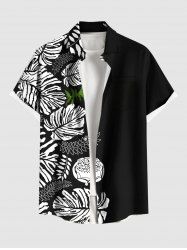 Plus Size Tropical Leave Branch Floral Print Hawaii Button Pocket Shirt For Men -  