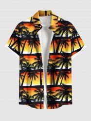 Plus Size Coconut Tree Ombre Colorblock Sky Print Buttons Pocket Hawaii Shirt For Men -  