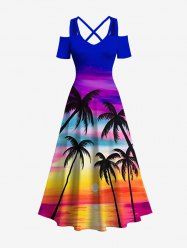 Plus Size Coconut Tree Ombre Sky Sun Print Cold Shoulder Crisscross Hawaii Maxi Dress -  