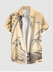 Chemise Imprimé Cocotier et Paysage Marin à Boutons Grande Taille avec Poche - café lumière 2XL