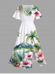 Plus Size Coconut Tree Sea Mountain Tropical Leaves Floral Print Hawaii Split Pocket A Line Midi Dress -  