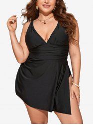 Plus Size Solid Color Split Ruched Tankini Swimsuit -  