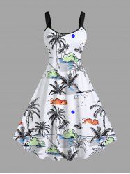 Robe Hawaïen Ligne A Nuage Arbre Noix de Coco et Océan Imprimés de Grande Taille - Blanc 3X