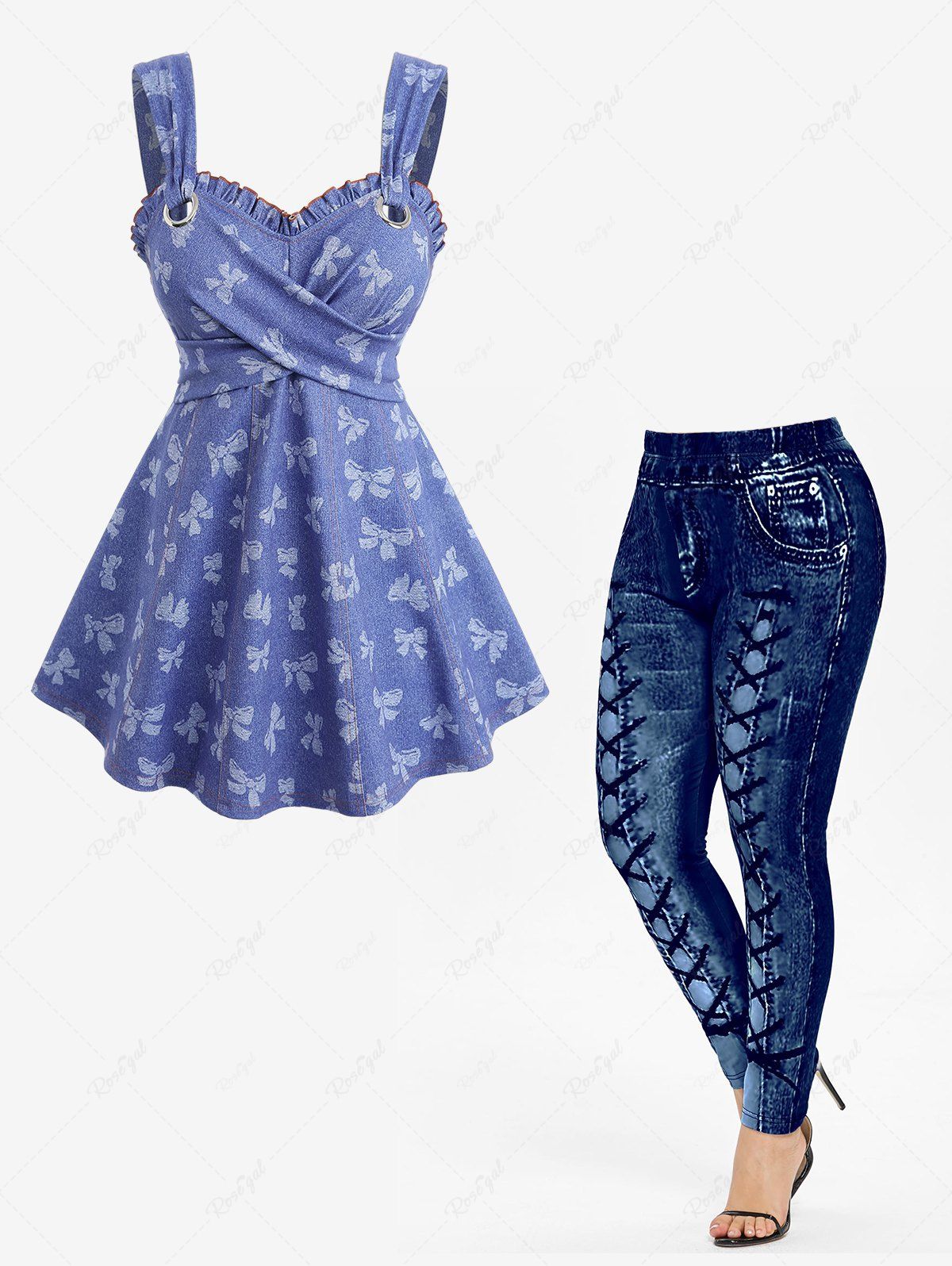 Bowknot Print Crisscross Panel Tank Top and High Waisted Leggings Plus Size Outfit