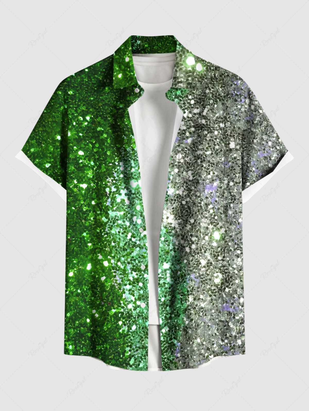 Shops Plus Size Glitter Sparkling Contrast Two Tone Sequins Print Hawaii St. Patrick's Day Button Pocket Shirt For Men  